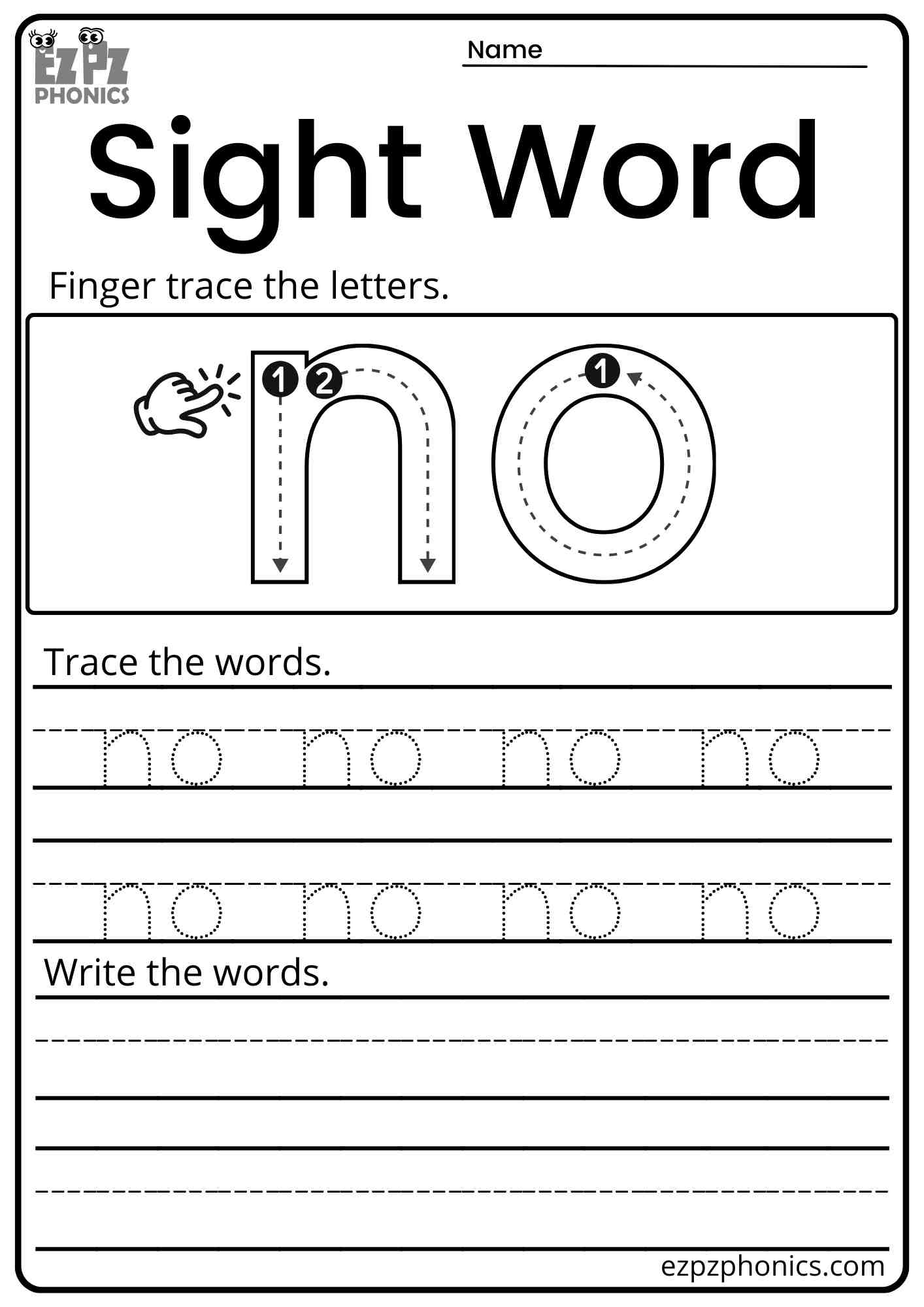 "No" Dolch Kindergarten Trace and Write the Word Sight Word Worksheet PDF Download